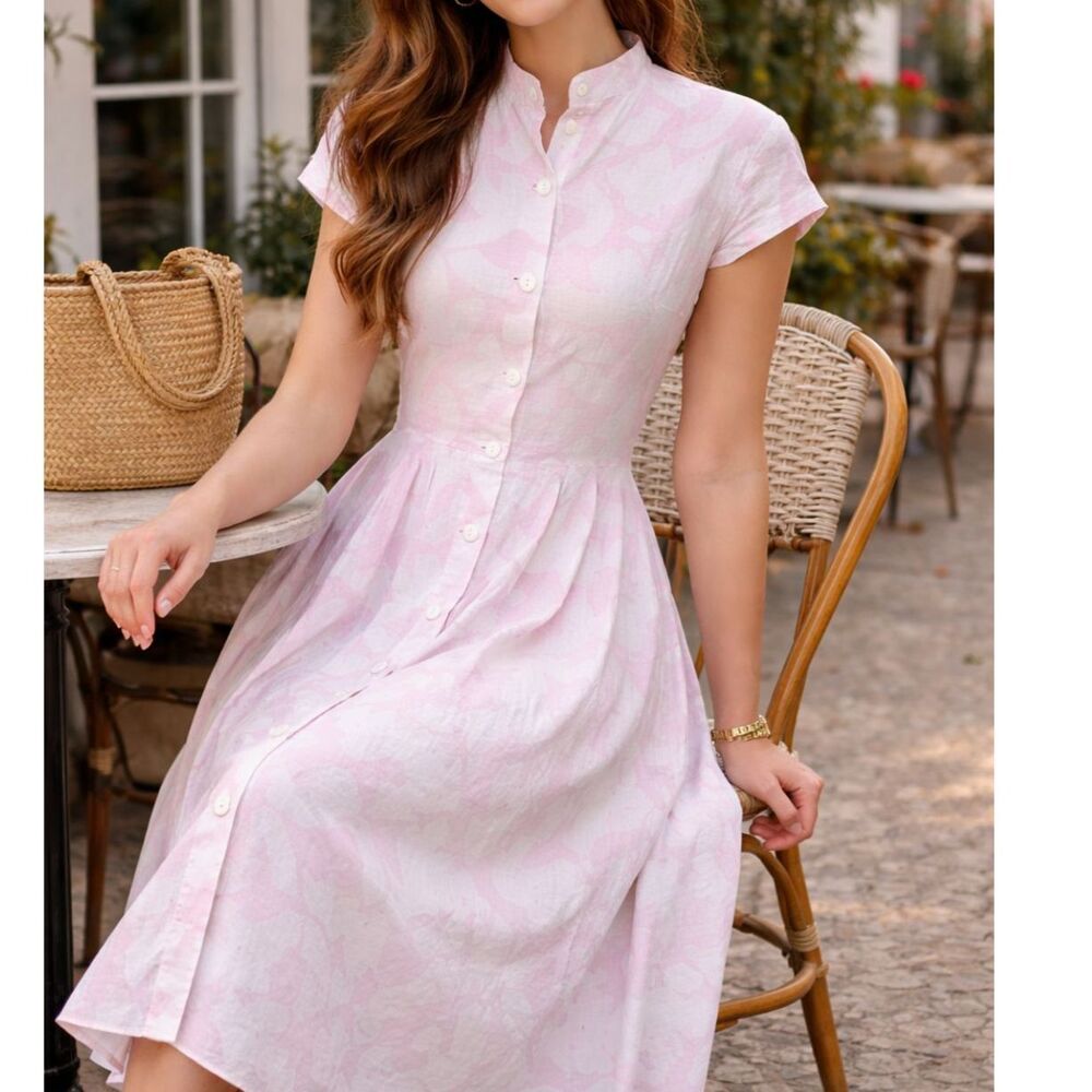 VIntage 90s Cathy Hardwick linen cotton shirt dress pastels - Size 12